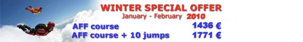winter 2009 special price, 200 euros discount in AFF skydiving-parachuting courses in spain and free accomodation in the bunkhouse